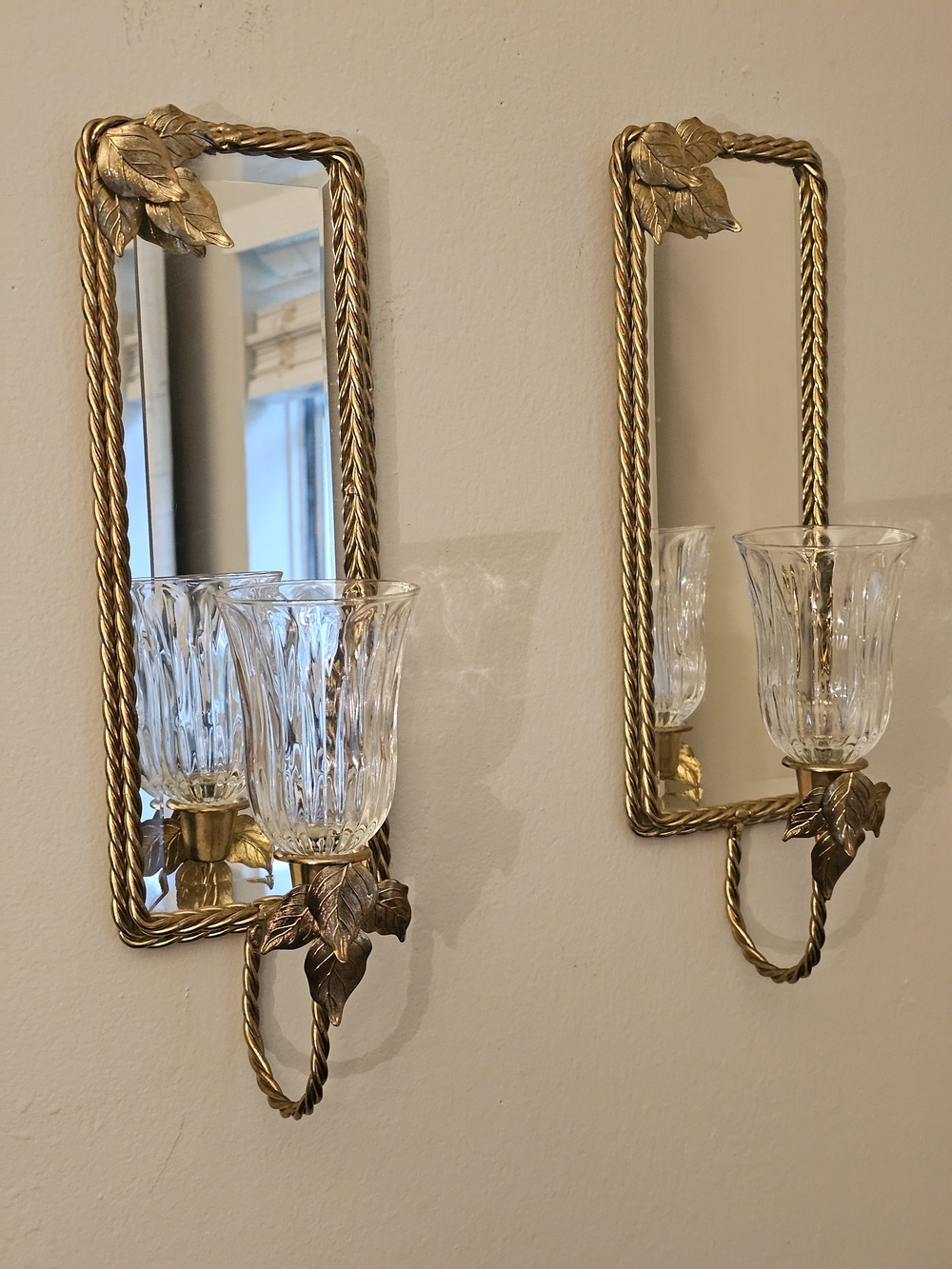 Gold Leaf Glass Wall Sconce Mirror - Home Wall Decor with Glass Votives MCM
